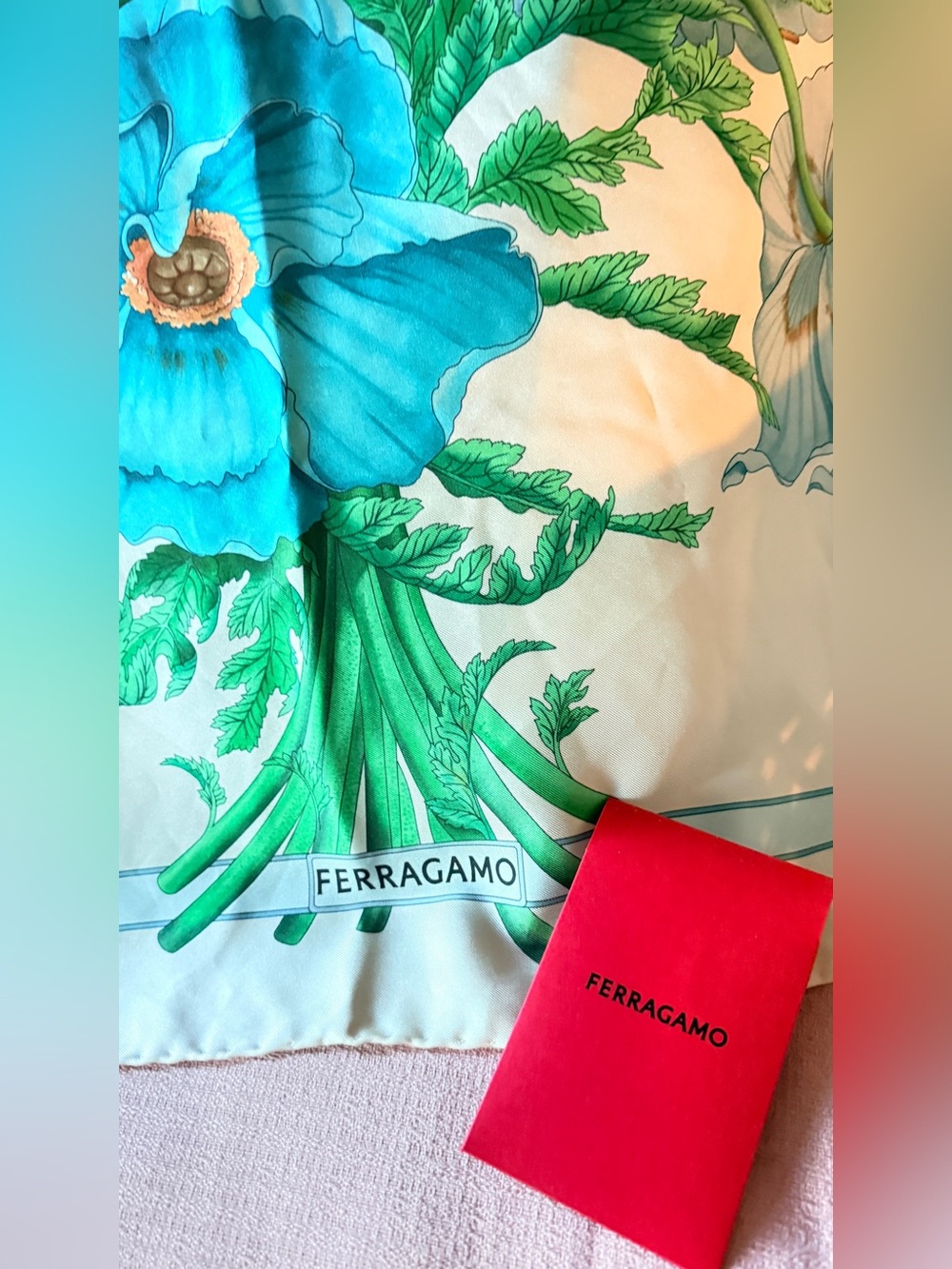 Salvatore Ferragamo Turquoise Blue and Green Floral Silk Poppy Scarf